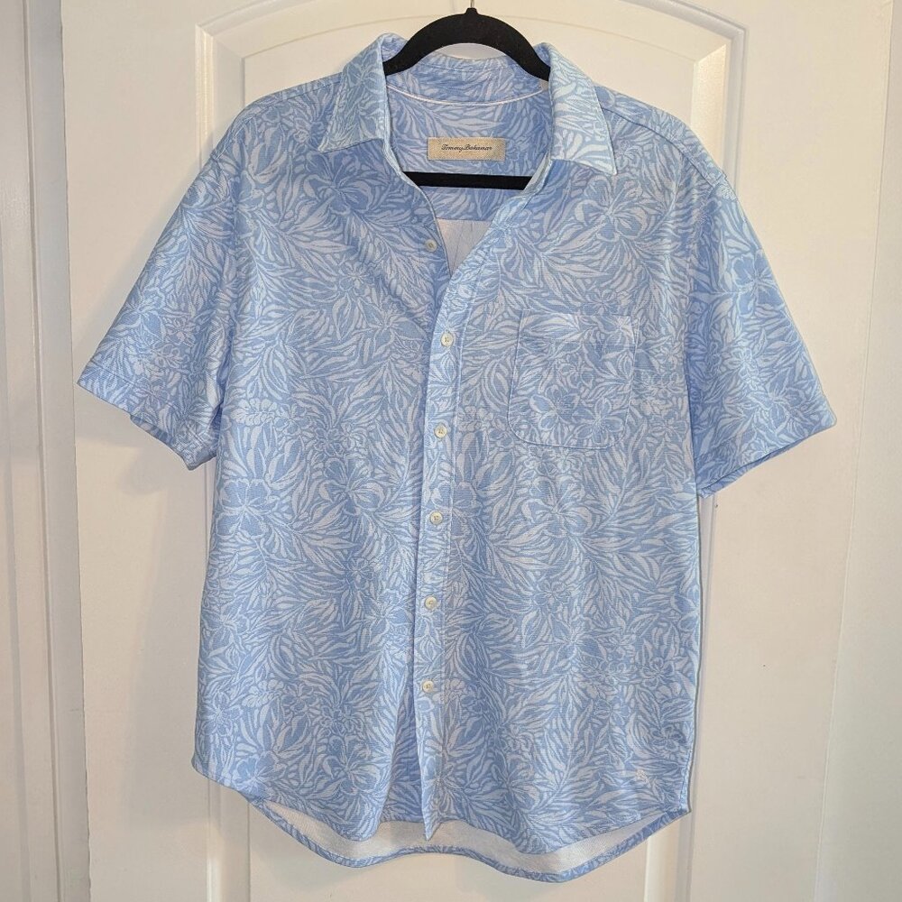 Tommy Bahama Short Sleeve Blue Button Down Tropical Print Shirt, Size Large